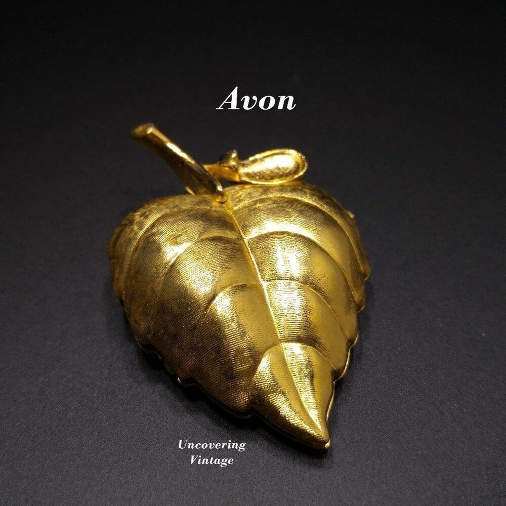 Vintage AVON Perfume Leaf Pin Brooch, Gold Tone, 1960s, 2 Inches